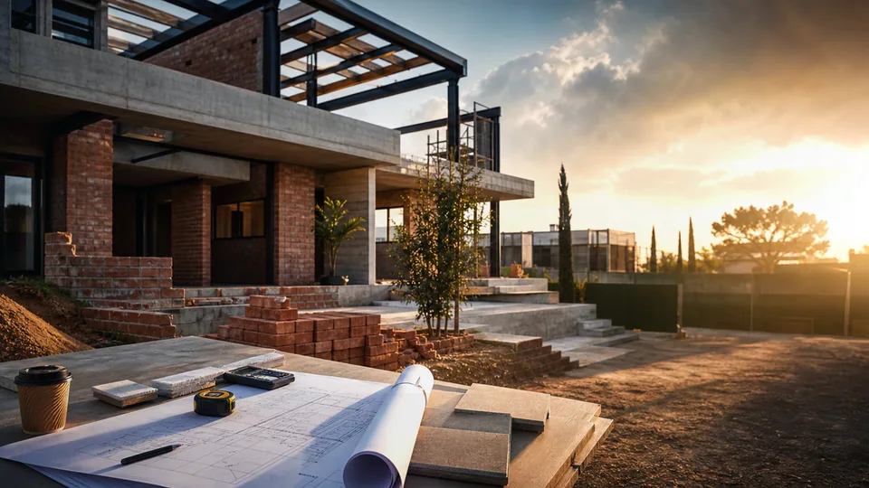 Benoni Builder Reviews and Feedback banner showing a residential build or extension site with plans, masonry and finish coordination