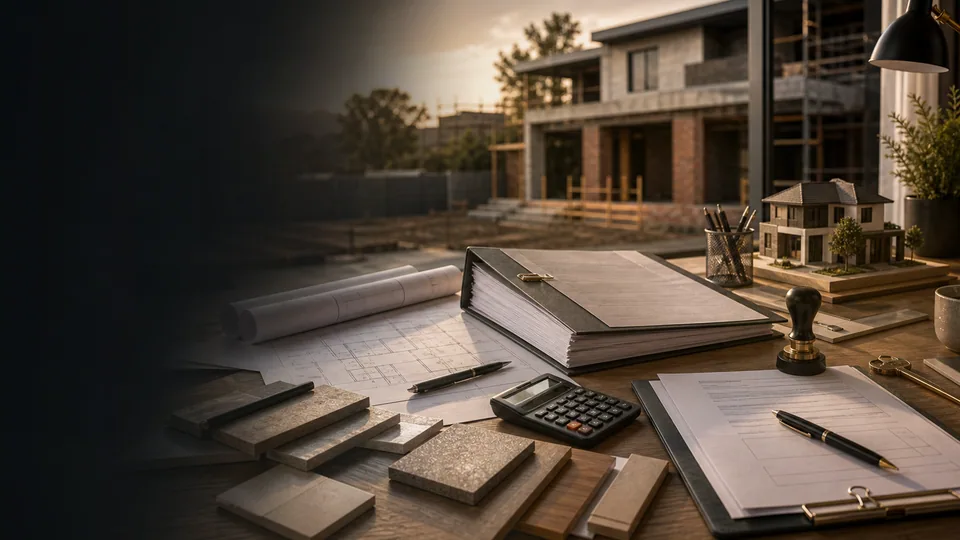 How Building Contractors Are Vetted banner showing a residential build or extension site with plans, masonry and finish coordination