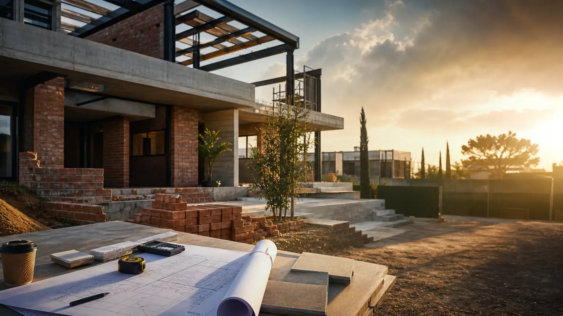 Construction Health and Safety in Benoni banner showing a residential build or extension site with plans, masonry and finish coordination