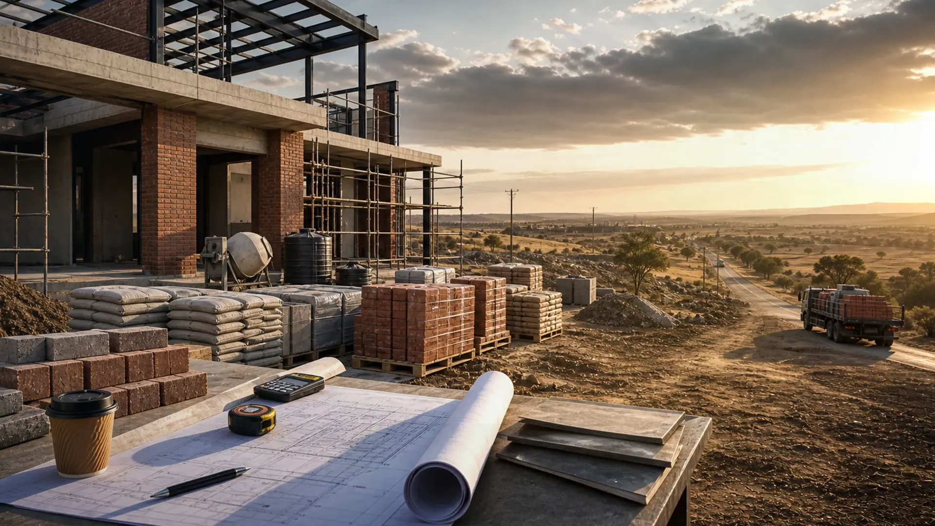 About the Benoni Building Quote Platform banner showing a residential build or extension site with plans, masonry and finish coordination