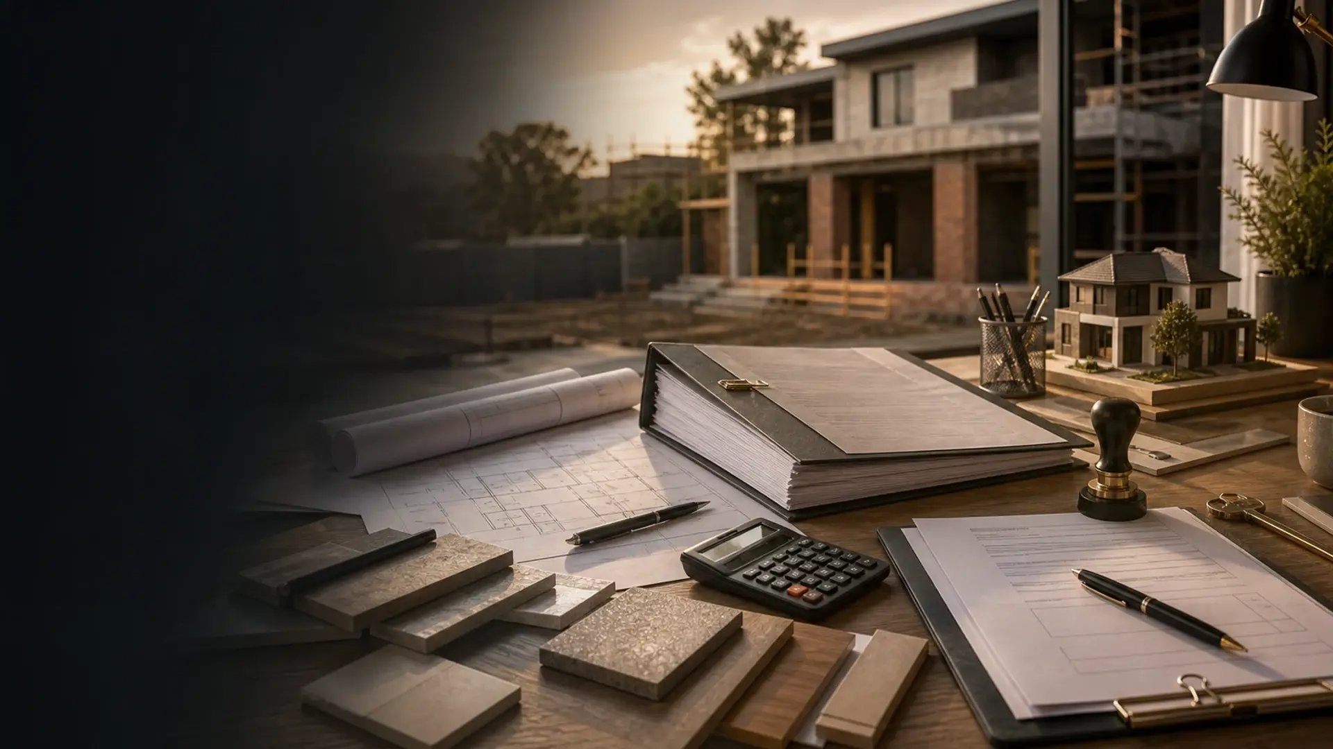 How Building Contractors Are Vetted banner showing a residential build or extension site with plans, masonry and finish coordination