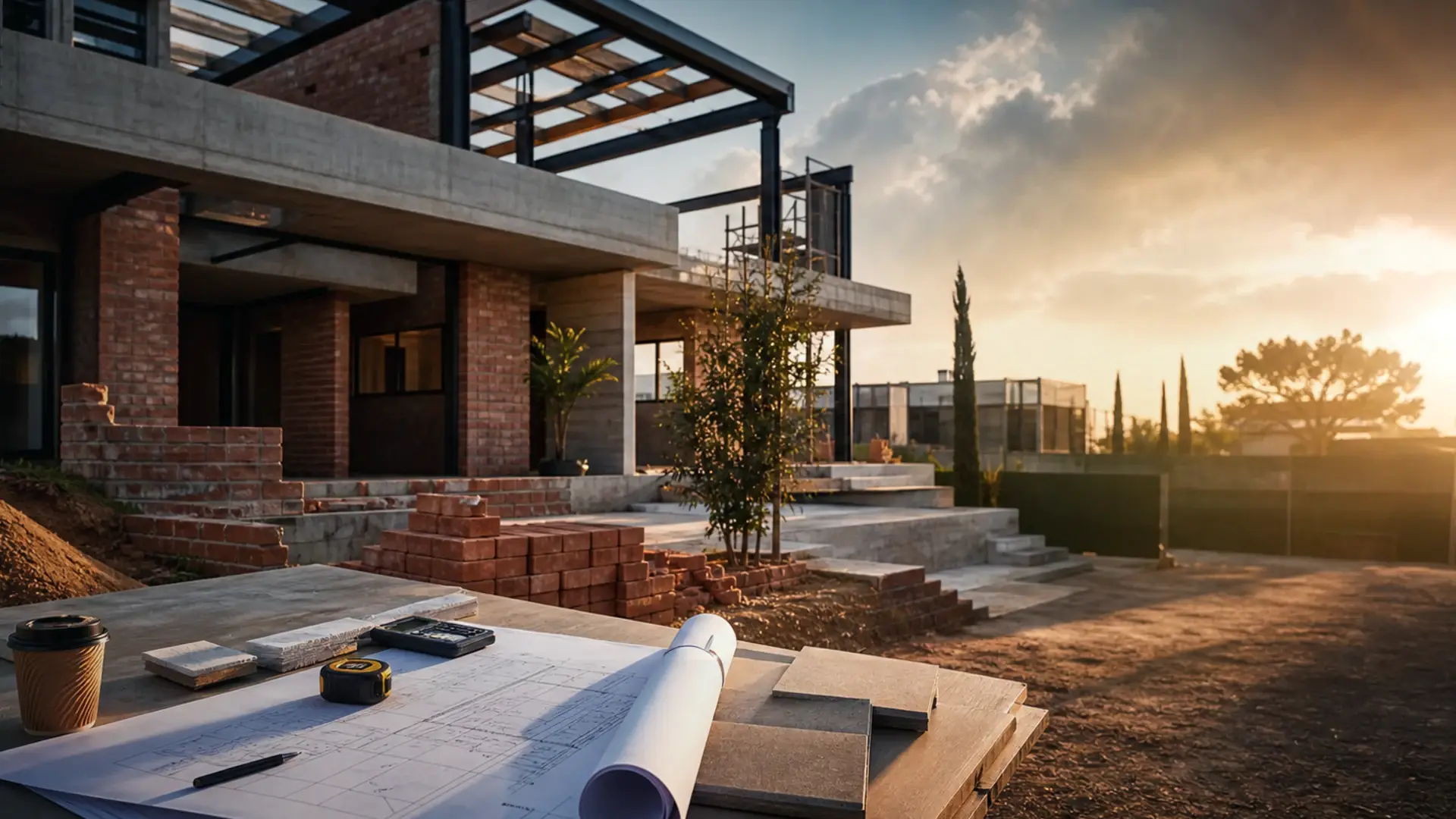 Builders in Farrarmere – Family Homes, Renovations and Paving banner showing a Benoni local building site context with plans, access notes and residential materials
