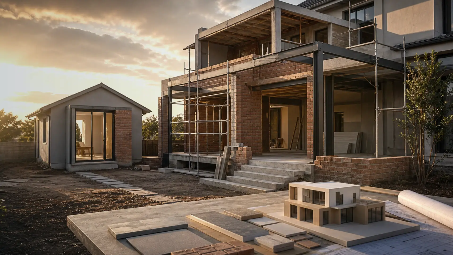Nutec vs Brick for Backyard Structures banner showing a residential build or extension site with plans, brickwork, roof lines and finish coordination