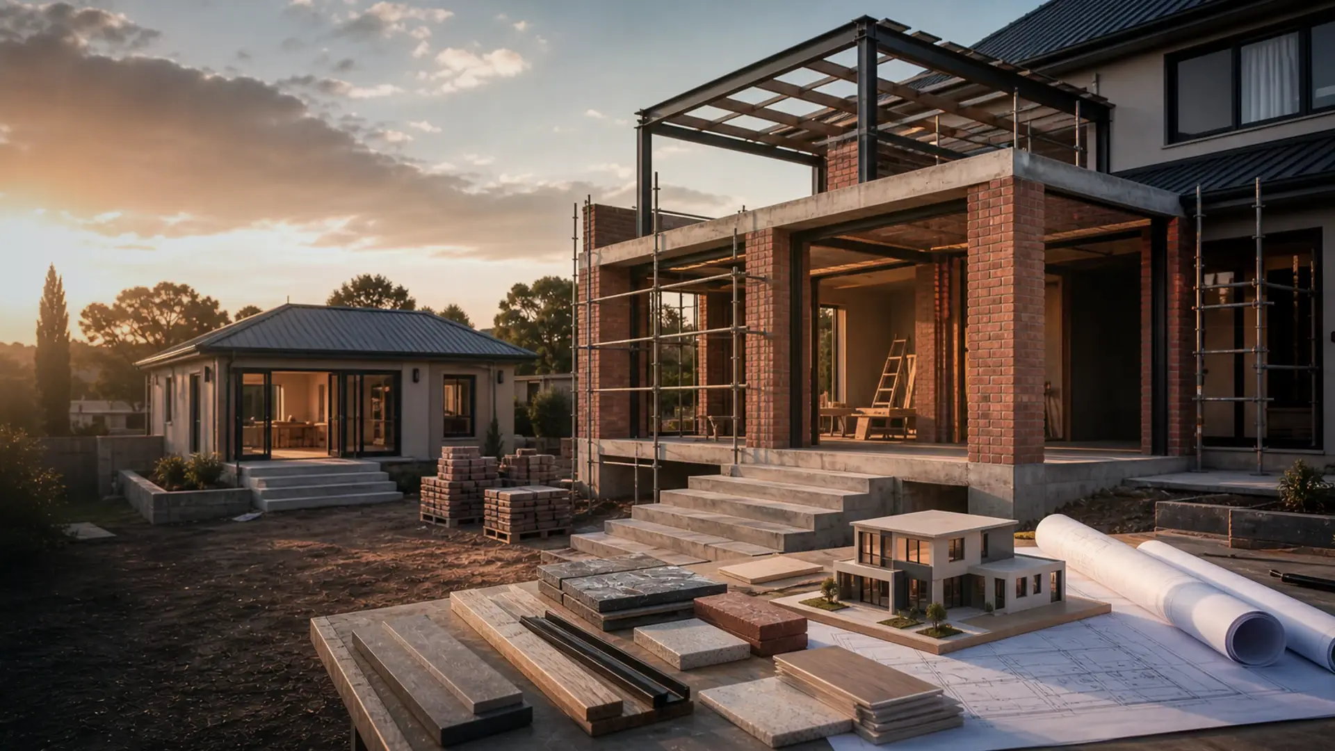 Owner-Builder vs Turnkey Contractor banner showing a residential build or extension site with plans, brickwork, roof lines and finish coordination