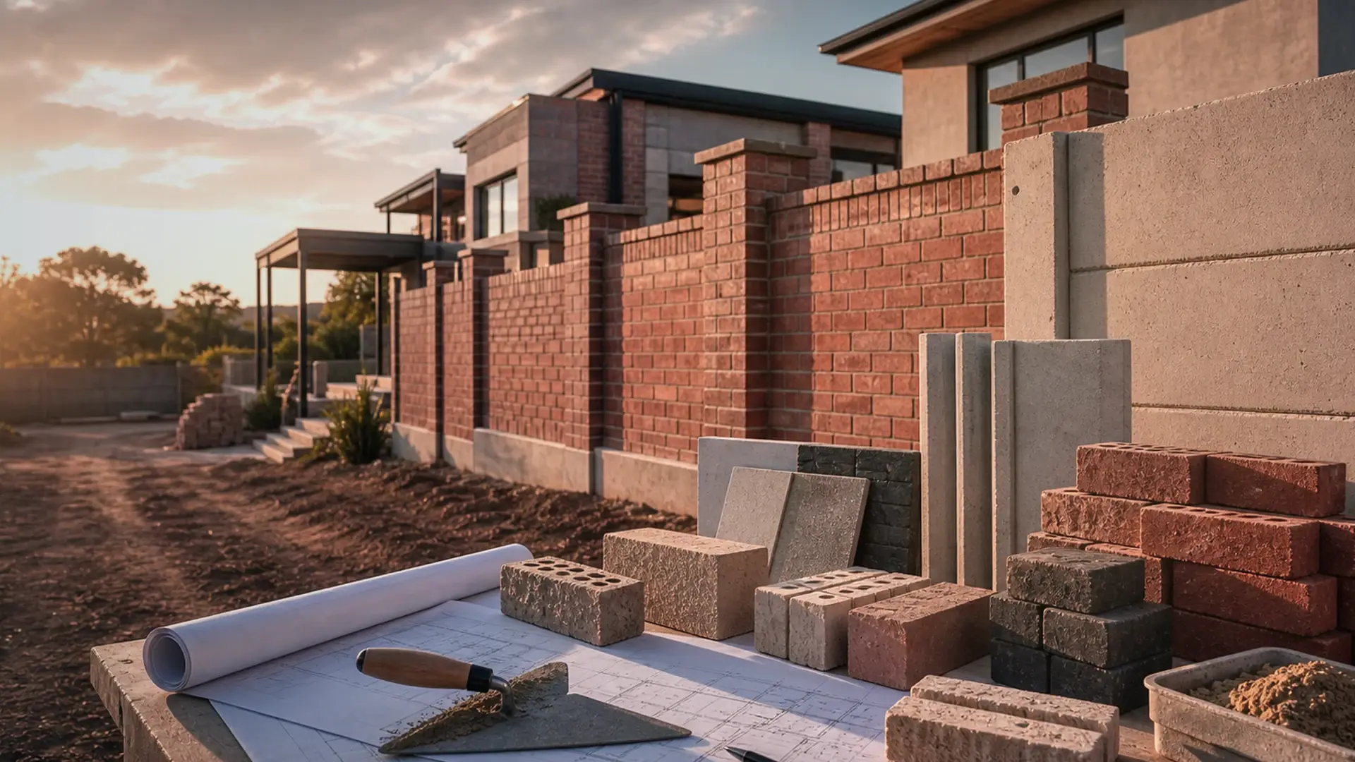 Boundary Wall Prices in Benoni banner showing a boundary wall or retaining wall setout with masonry materials and measured alignment