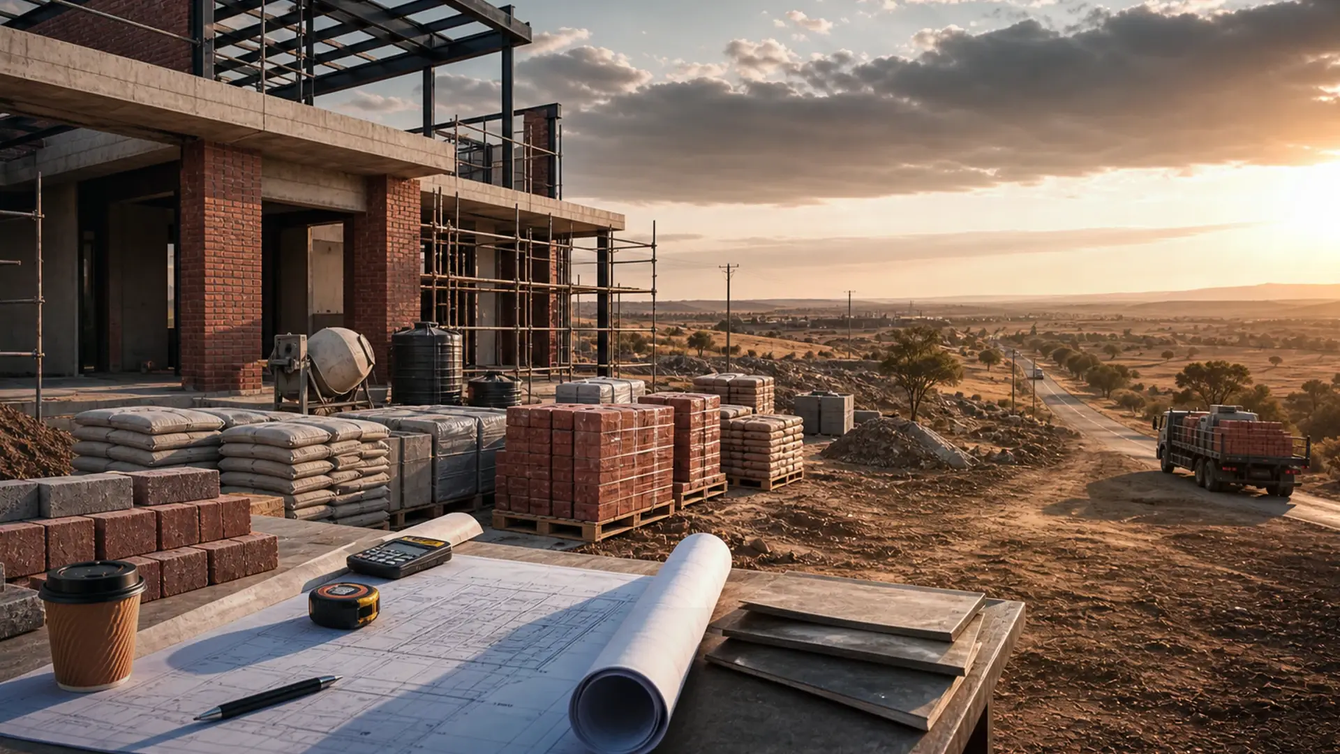 Builder and Artisan Rates in Benoni banner showing a residential build or extension site with plans, masonry and finish coordination