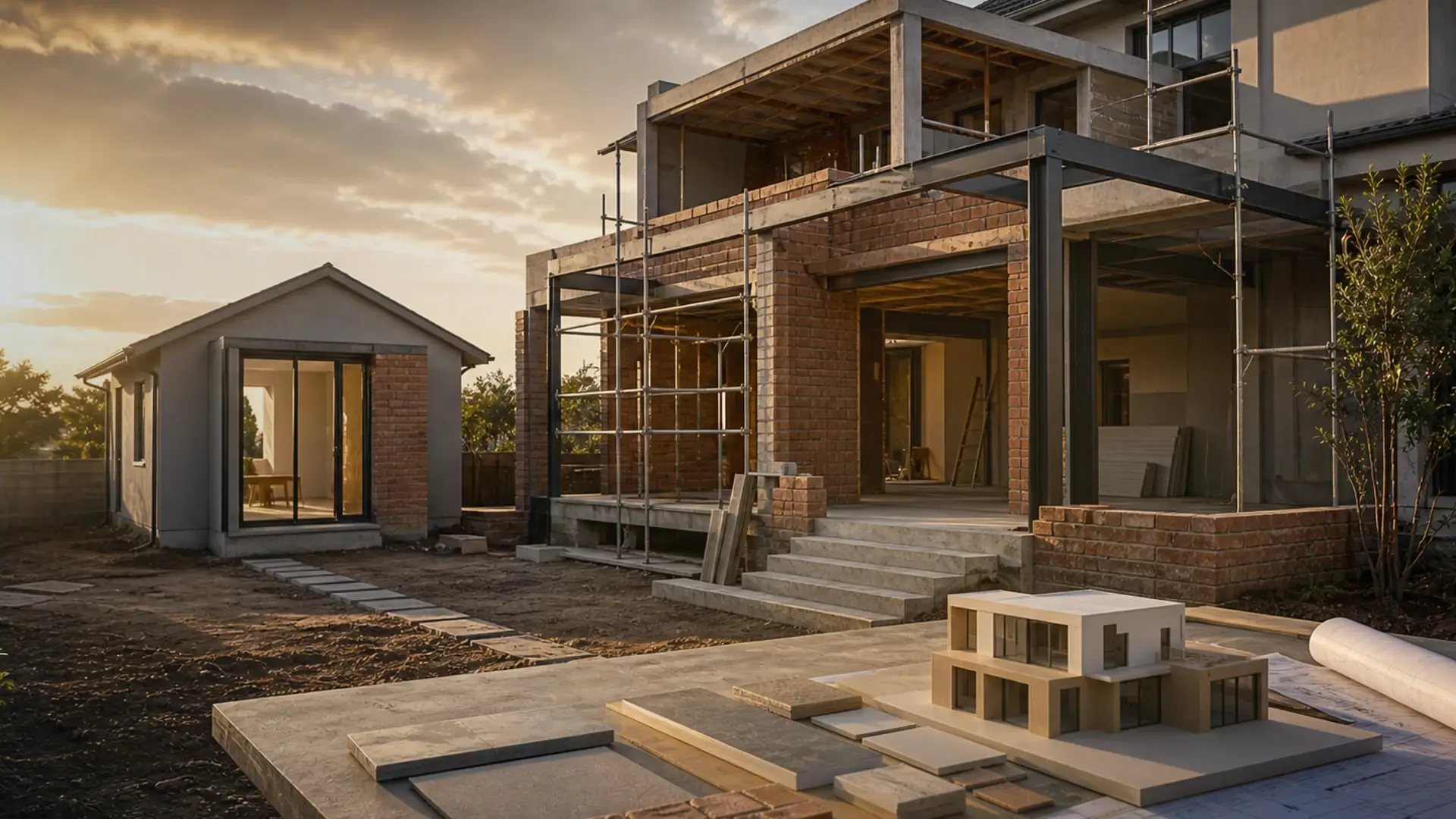 Cost to Build a House in Benoni banner showing a residential build or extension site with plans, brickwork, roof lines and finish coordination