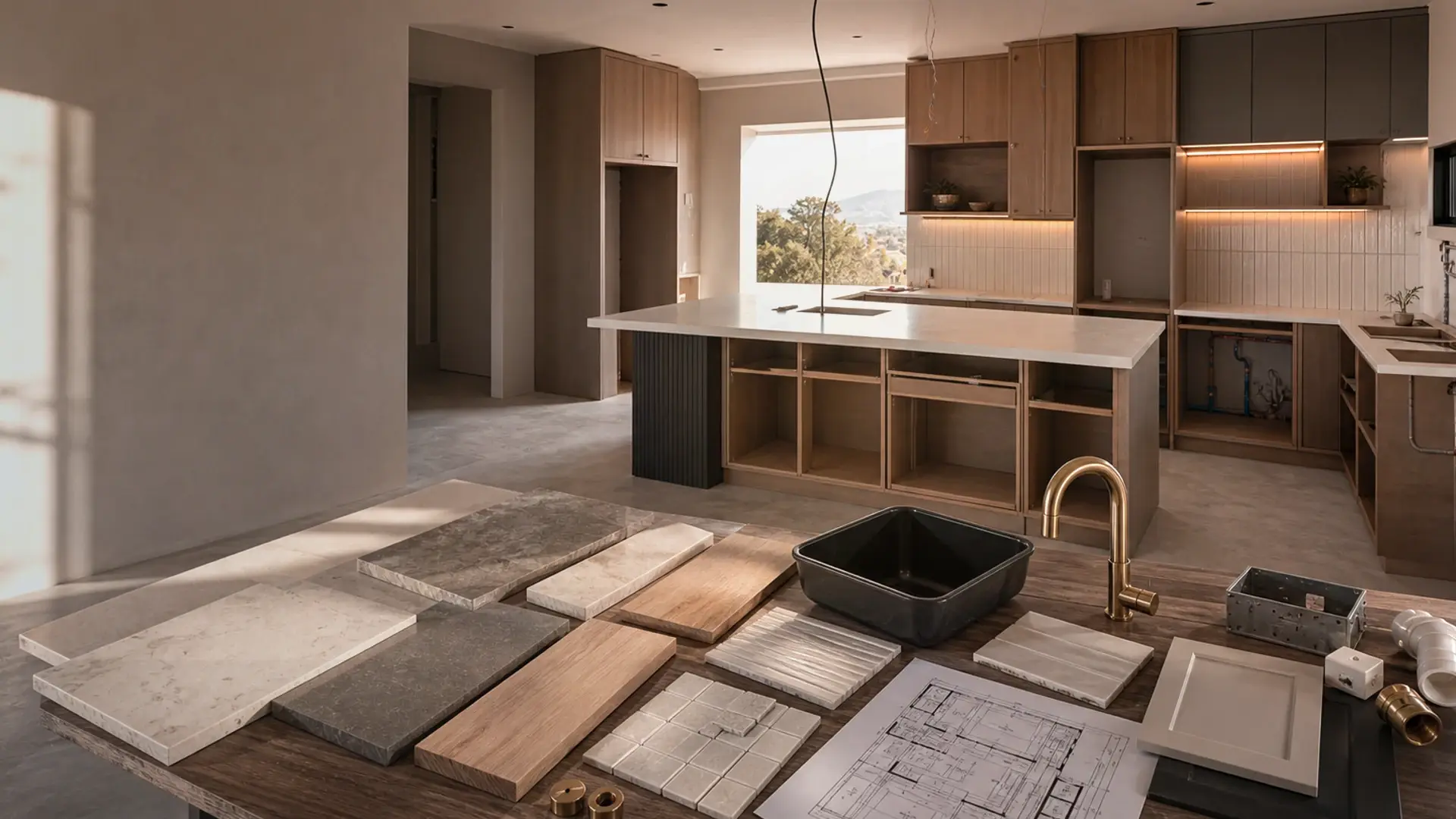 Home Renovation Costs in Benoni banner showing a residential build or extension site with plans, masonry and finish coordination