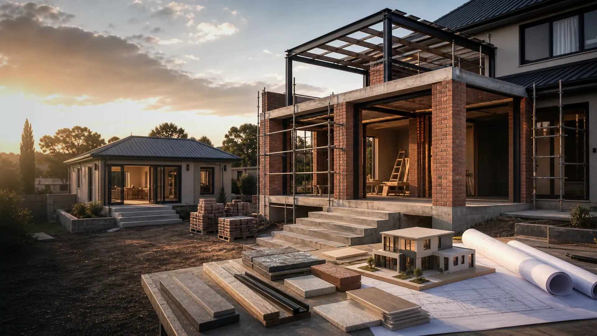 House Extension Costs in Benoni banner showing a residential build or extension site with plans, brickwork, roof lines and finish coordination