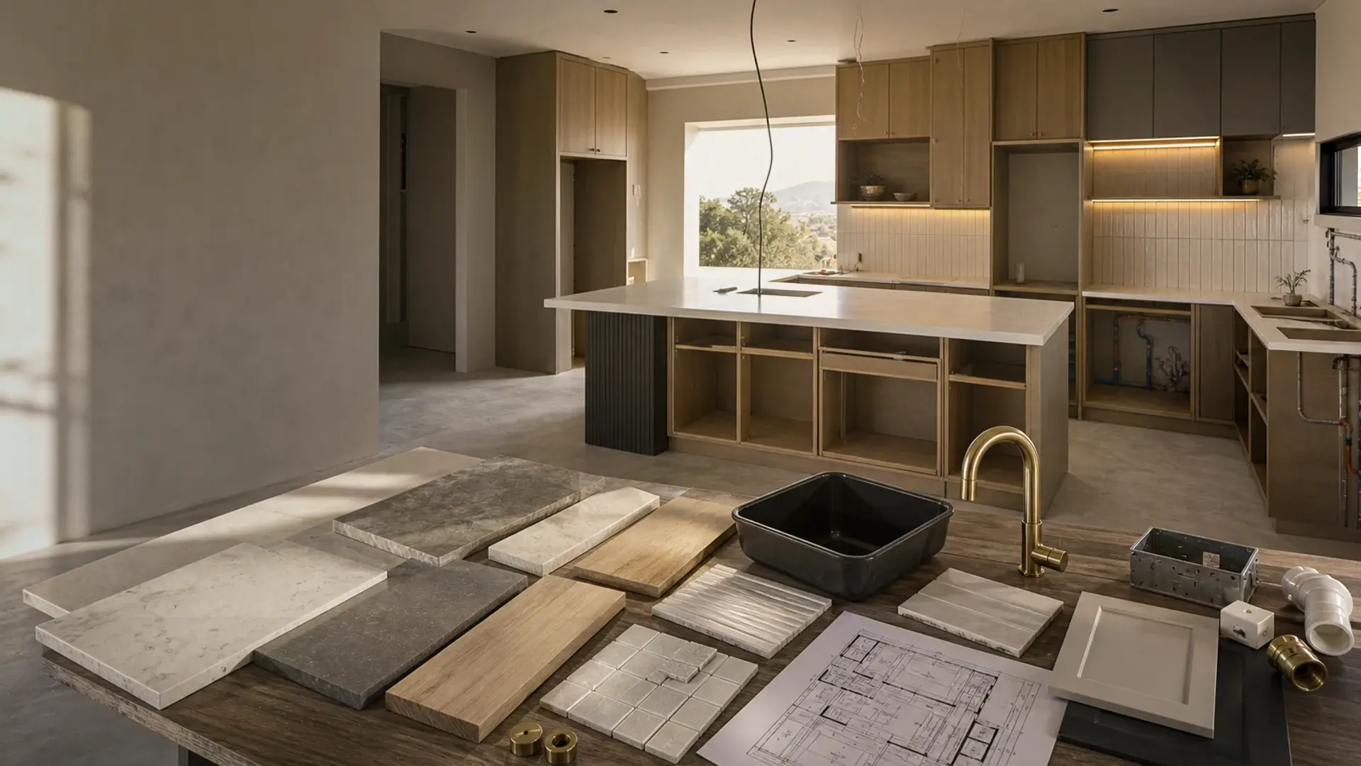 Kitchen Renovation Costs in Benoni banner showing a kitchen renovation workspace with cabinet setting-out lines and finish samples