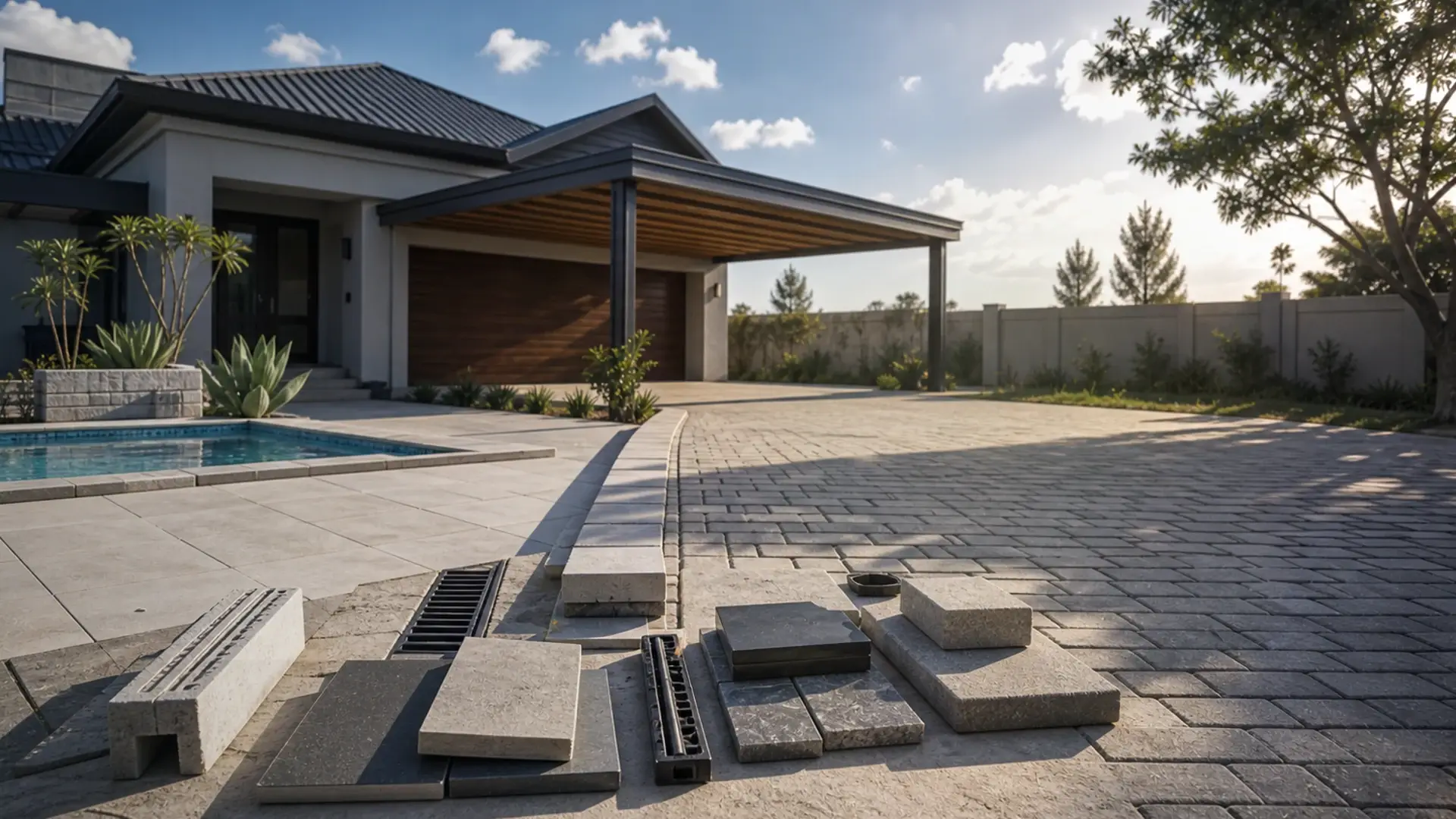 Paving Prices in Benoni banner showing a foundation and slab preparation scene with rebar, formwork and measured levels