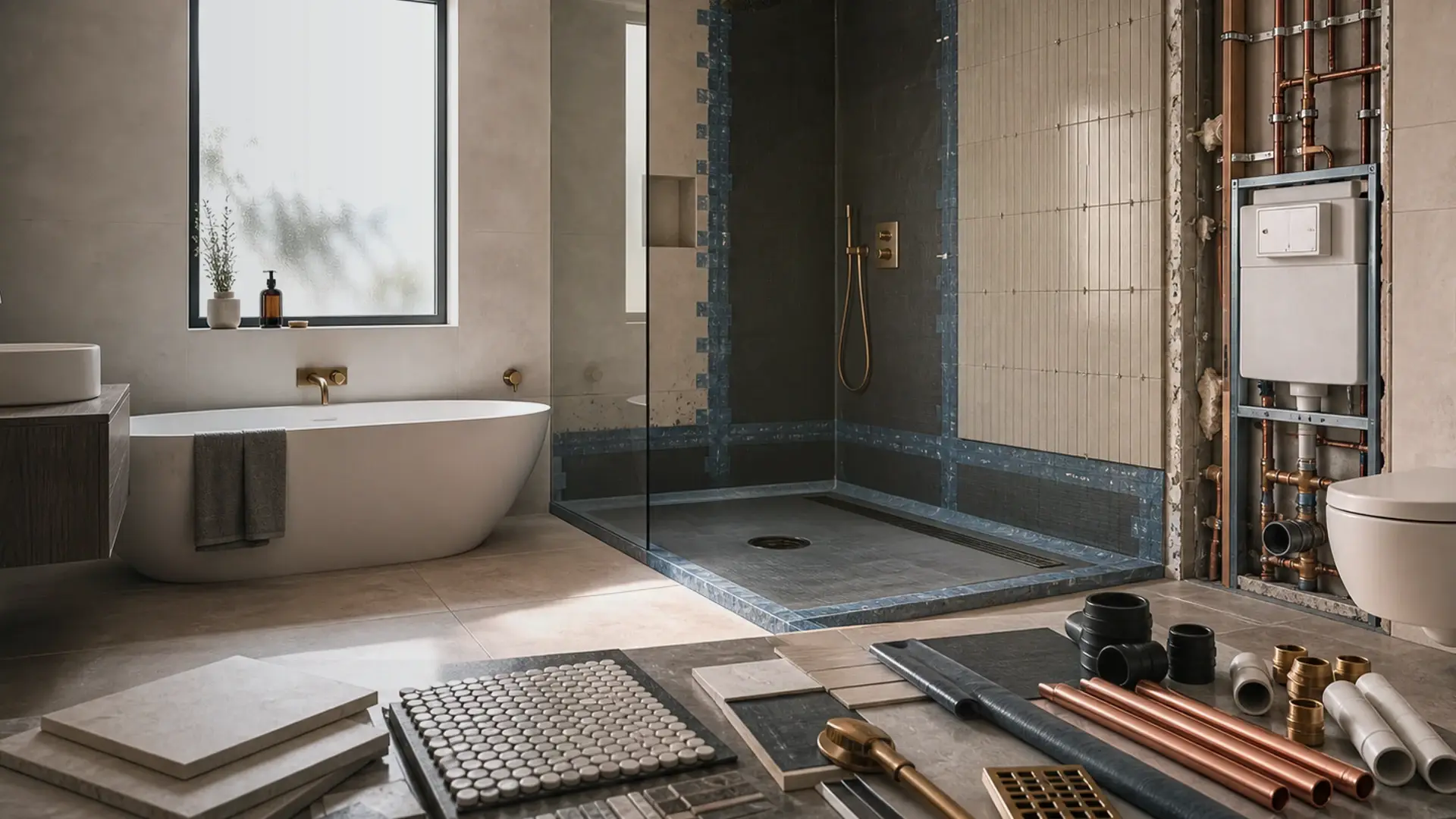 Case Study: Bathroom Renovation in Lakefield banner showing a bathroom renovation setting with waterproofed shower details and finish samples