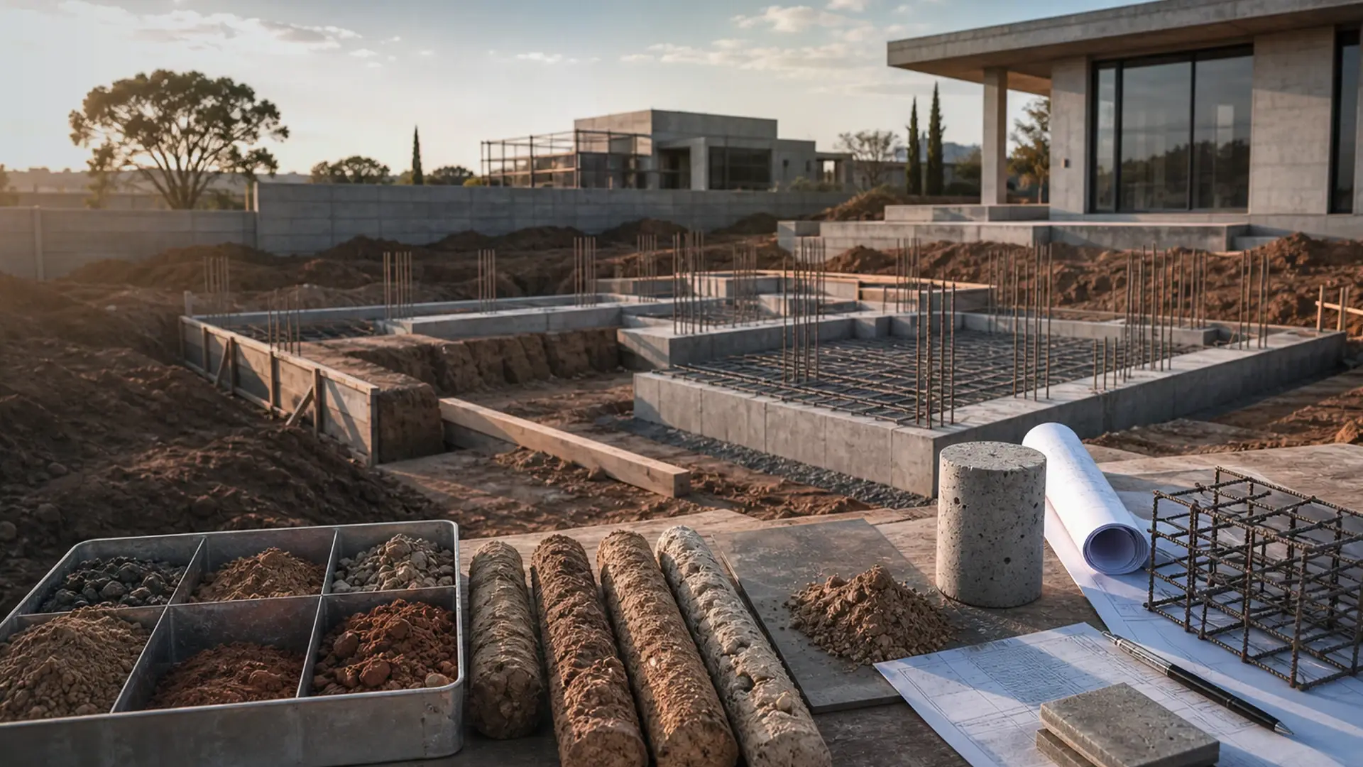 Case Study: Foundation Repair in Rynfield banner showing a foundation and slab preparation scene with rebar, formwork and measured levels