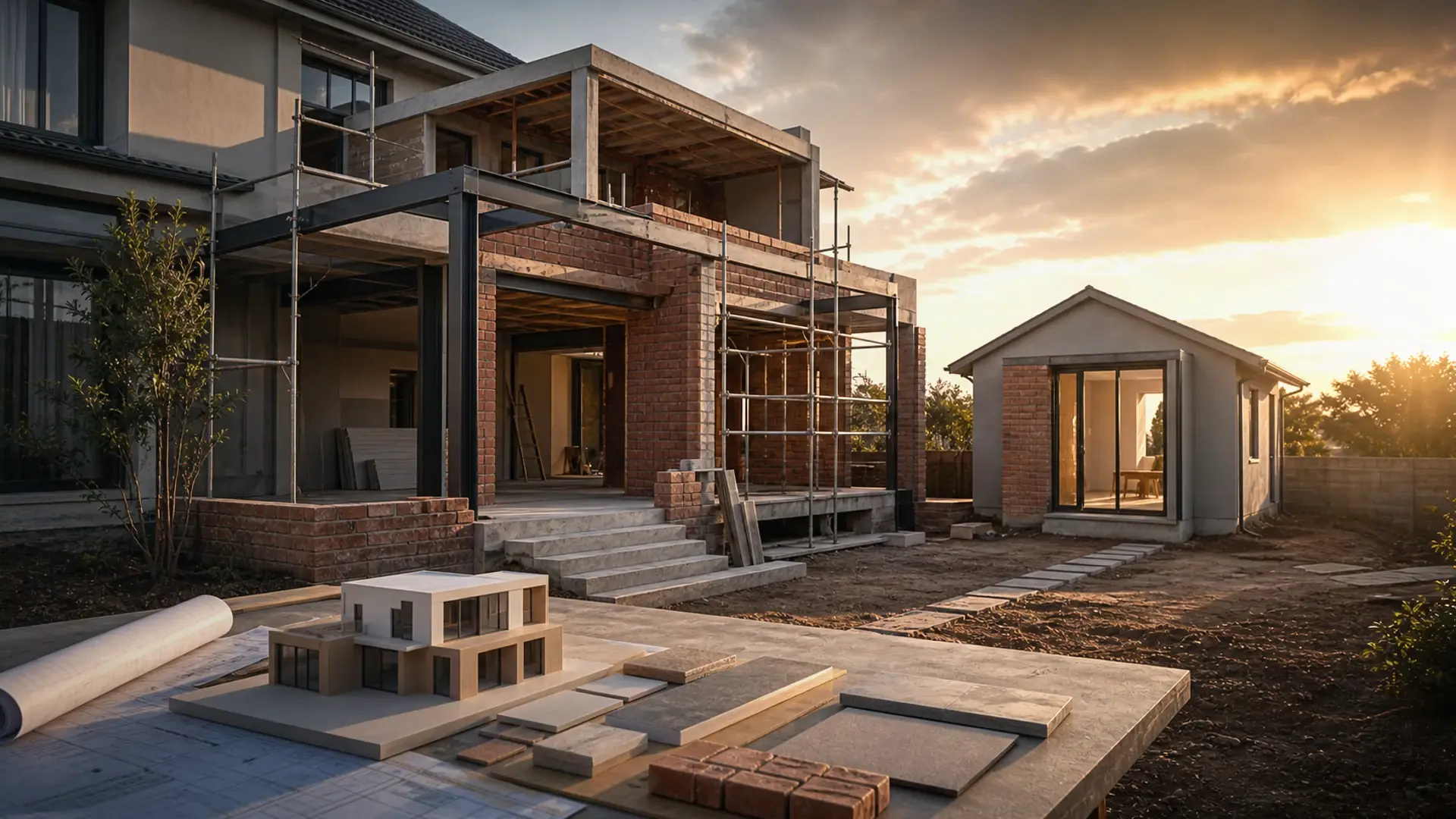 Case Study: Granny Flat Build in Brentwood Park banner showing a residential build or extension site with plans, brickwork, roof lines and finish coordination