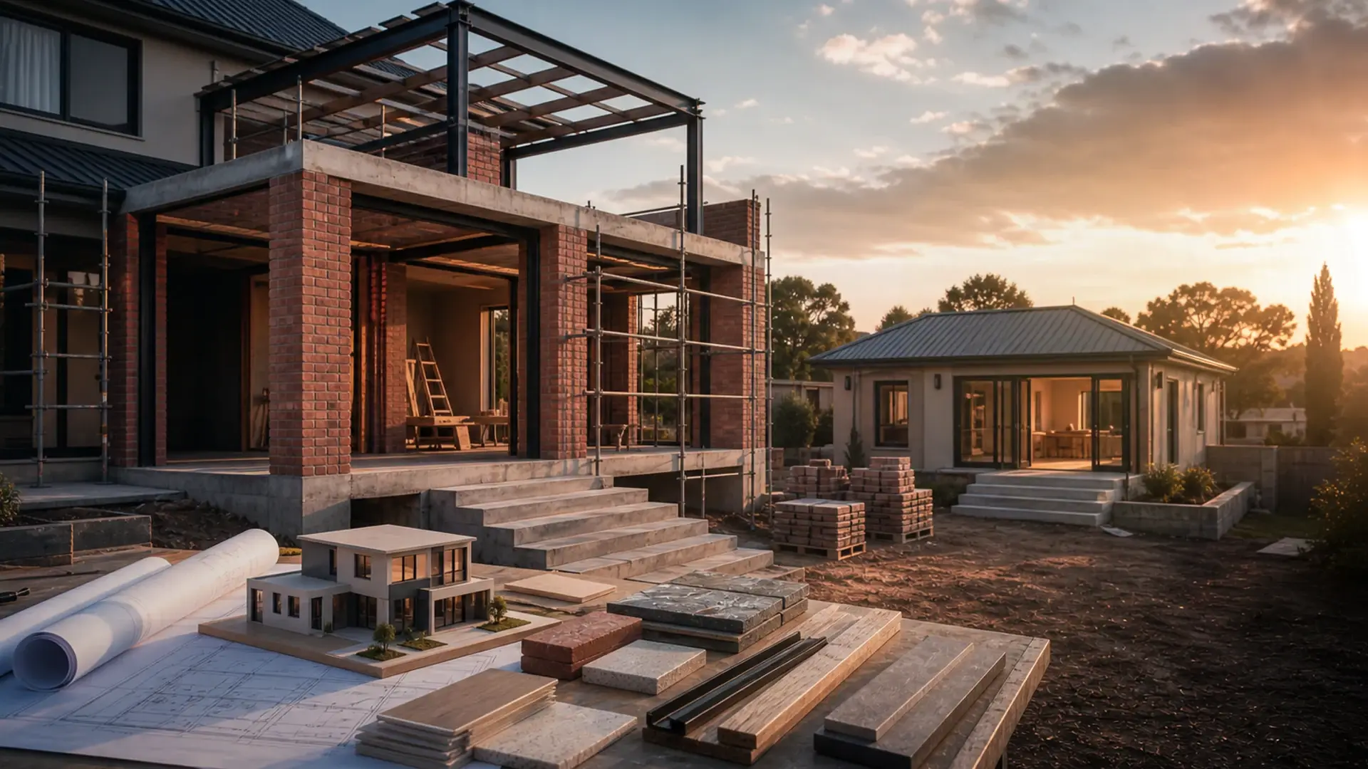 Case Study: Double-Storey Extension in Northmead banner showing a residential build or extension site with plans, brickwork, roof lines and finish coordination