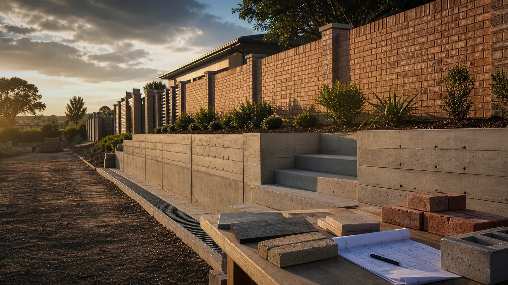 Case Study: Precast Boundary Wall in Farrarmere banner showing a boundary wall or retaining wall setout with masonry materials and measured alignment