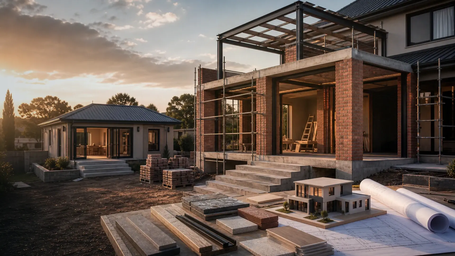 Case Study: Turnkey Home Build in Ebotse Golf Estate banner showing a residential build or extension site with plans, brickwork, roof lines and finish coordination