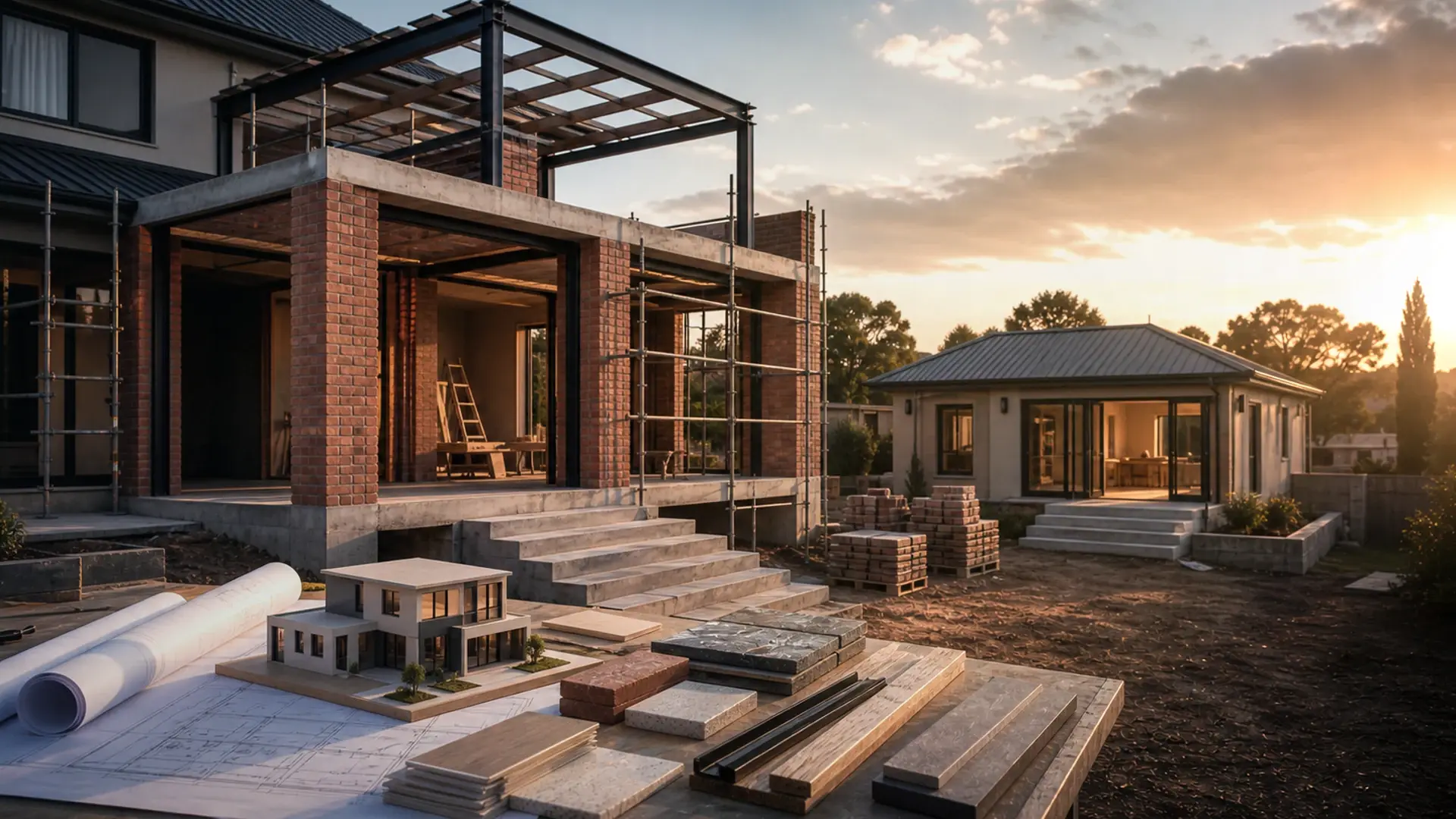 Can Your House Take a Second Storey? banner showing a residential build or extension site with plans, brickwork, roof lines and finish coordination