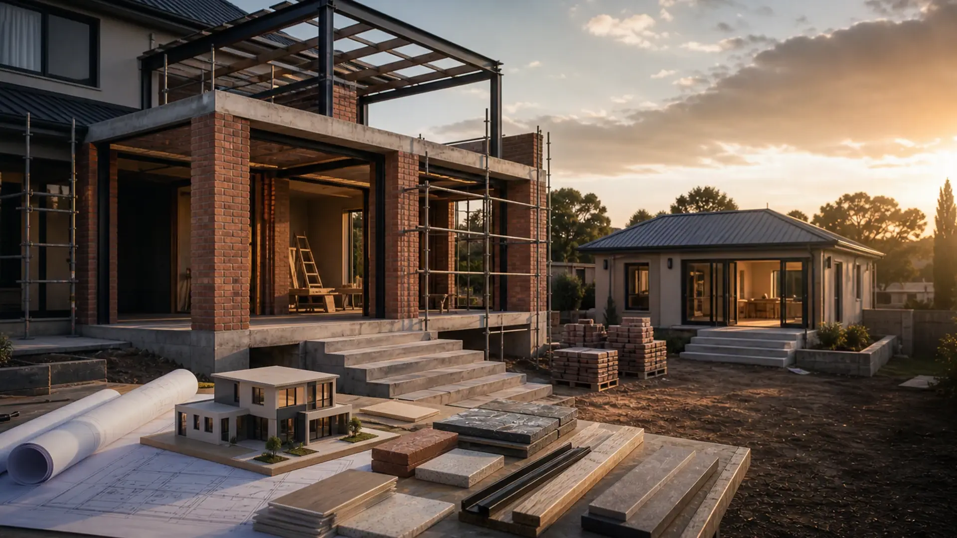 The Complete Guide to Building a House in Benoni banner showing a residential build or extension site with plans, brickwork, roof lines and finish coordination