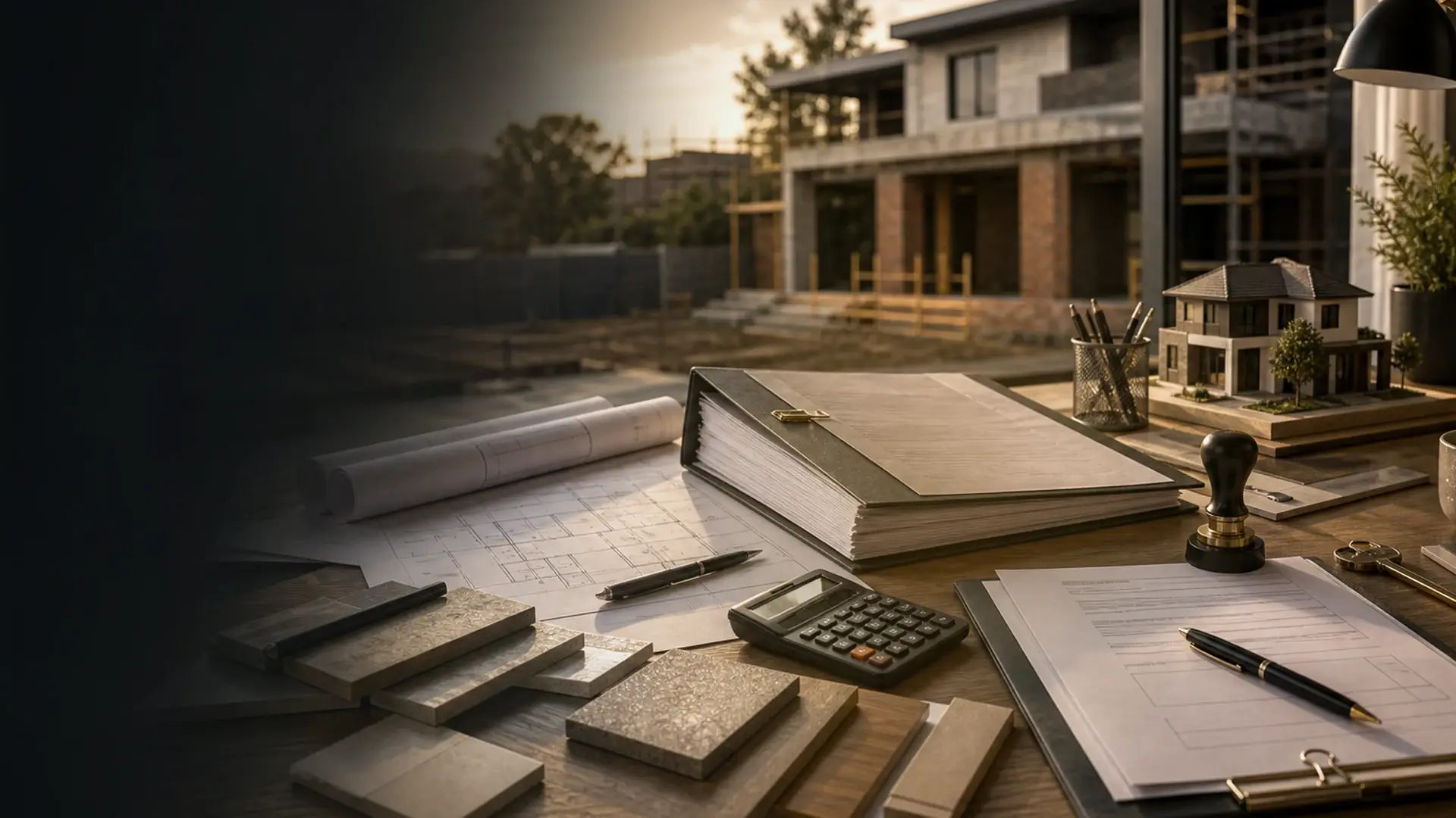 Domestic Building Contracts in SA, Explained banner showing building quote records, plans and compliance documents arranged on a warm construction office desk