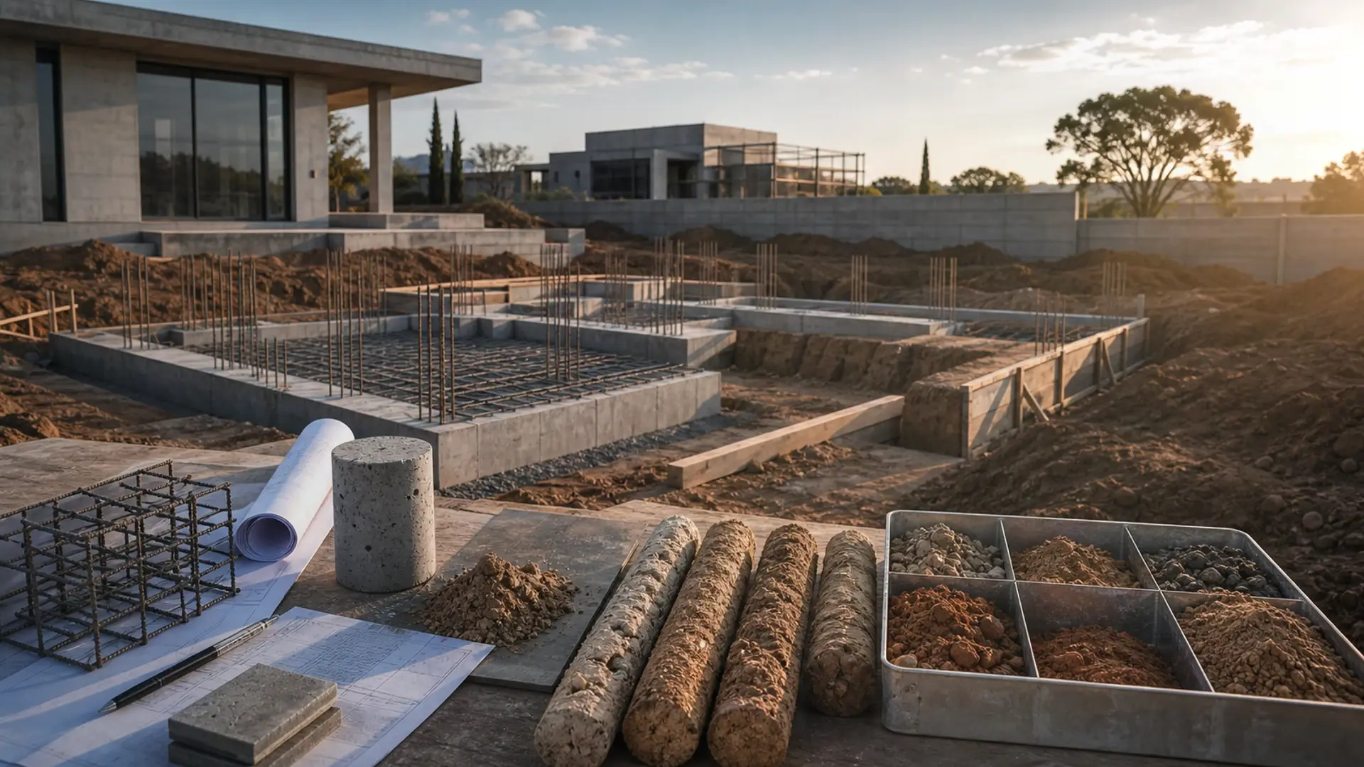 East Rand Clay Soil and Your Foundations banner showing a boundary wall or retaining wall setout with masonry materials and measured alignment