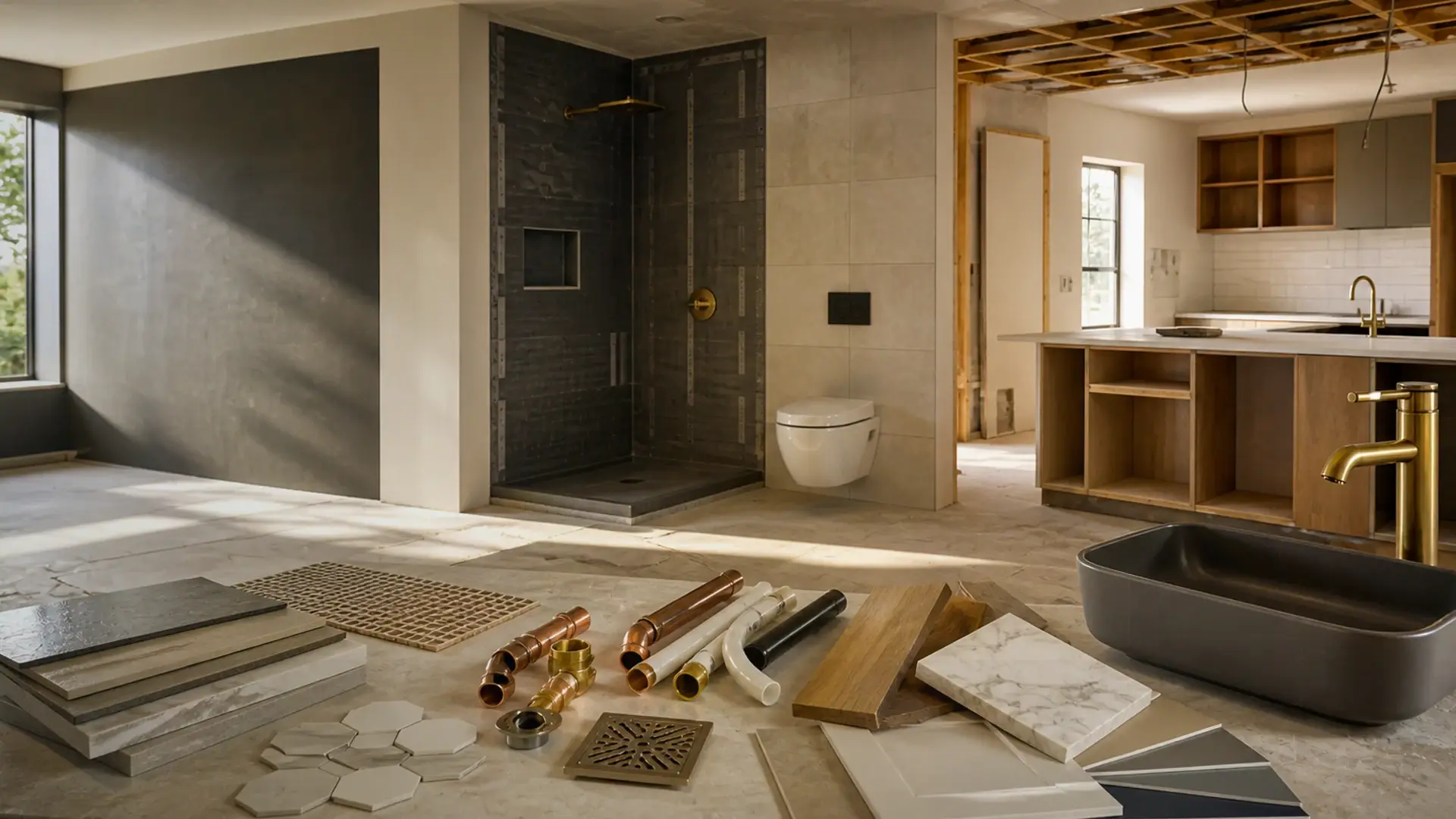 Granite vs Caesarstone Countertops banner showing a kitchen renovation workspace with cabinet setting-out lines and finish samples