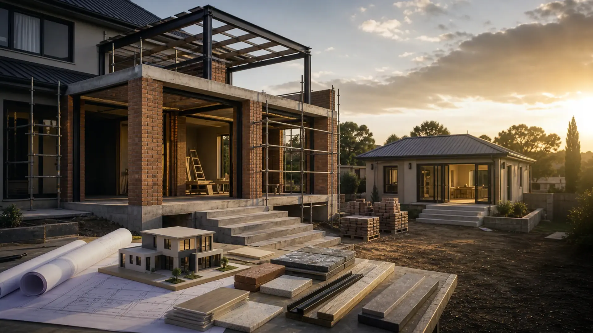 Granny Flat Rental Income in Benoni banner showing a residential build or extension site with plans, brickwork, roof lines and finish coordination