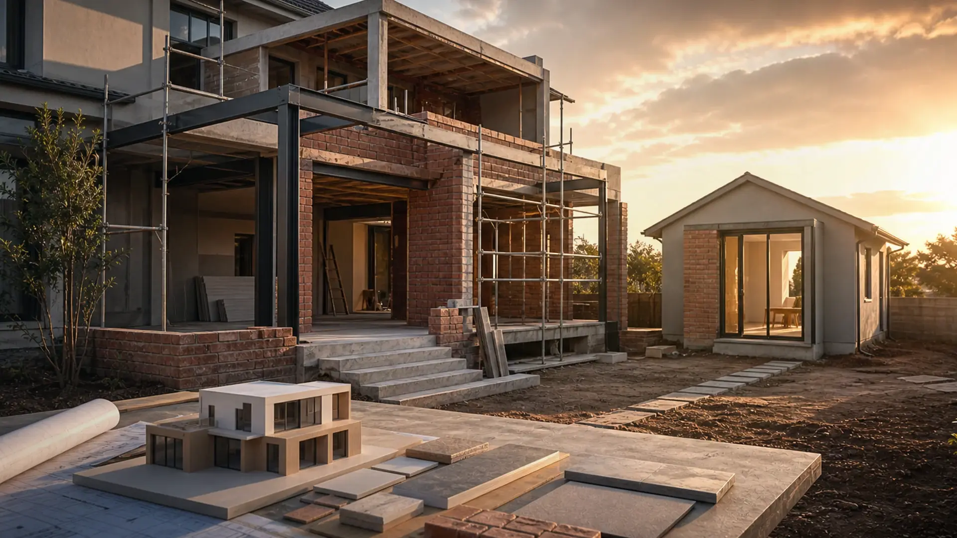 How Long Does It Take to Build a House in SA? banner showing a residential build or extension site with plans, brickwork, roof lines and finish coordination