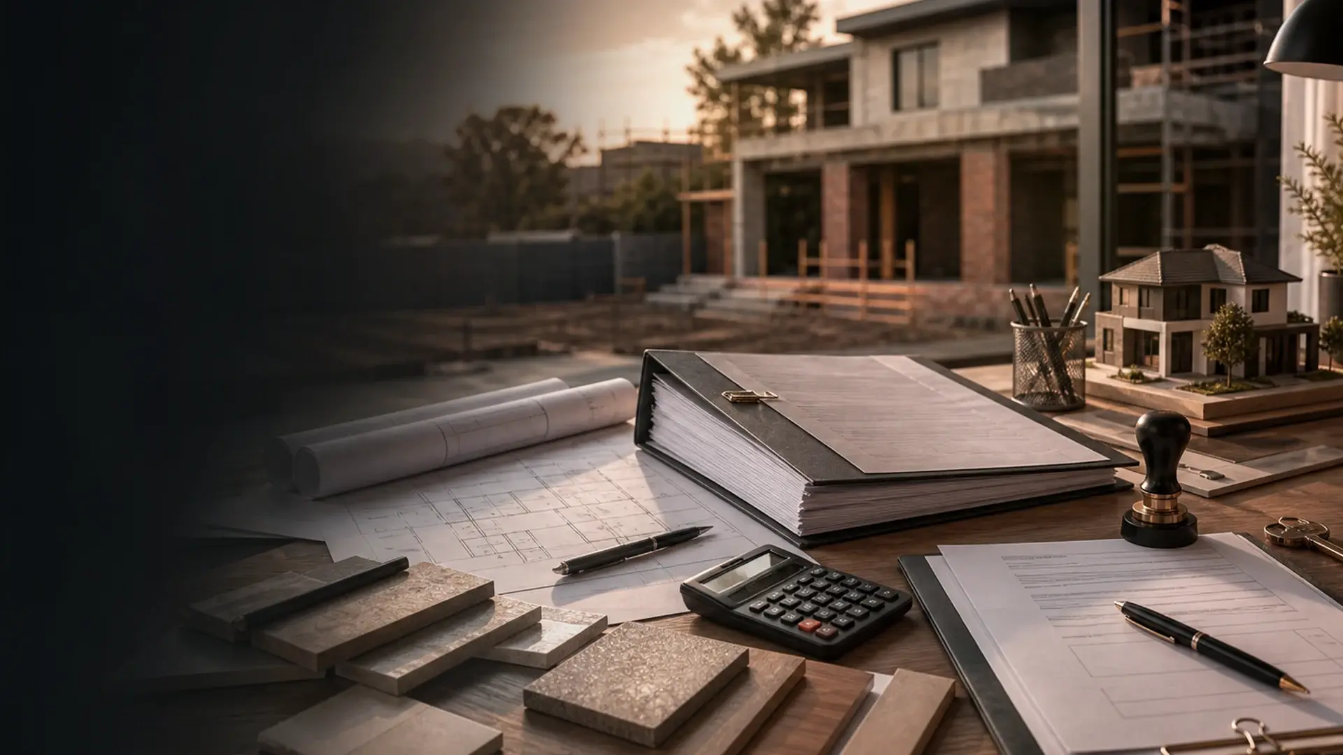 Questions to Ask a Builder Before You Sign banner showing building quote records, plans and compliance documents arranged on a warm construction office desk