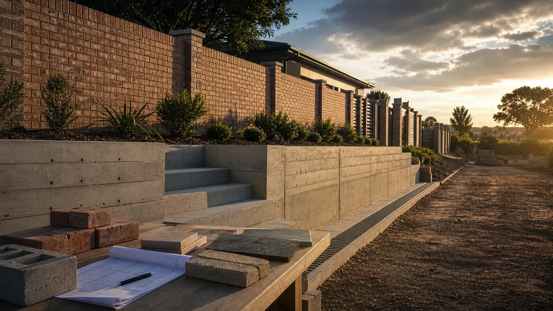 Raising a Boundary Wall: Height, Strength, and Rules banner showing a boundary wall or retaining wall setout with masonry materials and measured alignment