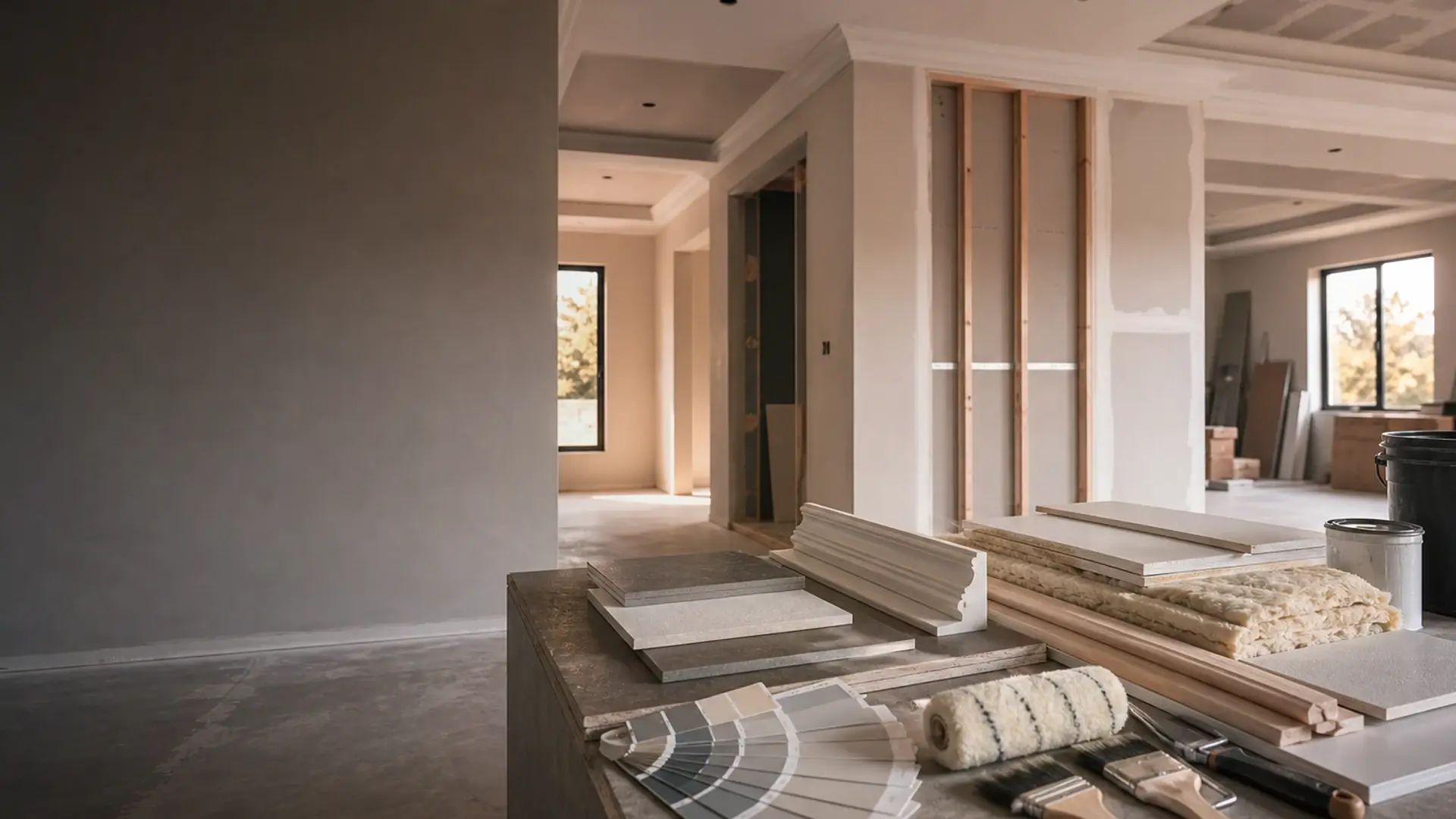 What Order to Renovate a House In banner showing interior finishing work with prepared surfaces, straightedges and material samples