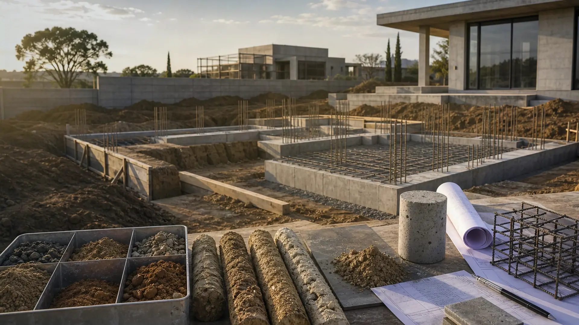Foundation Repair and Underpinning in Benoni banner showing a foundation and slab preparation scene with rebar, formwork and measured levels