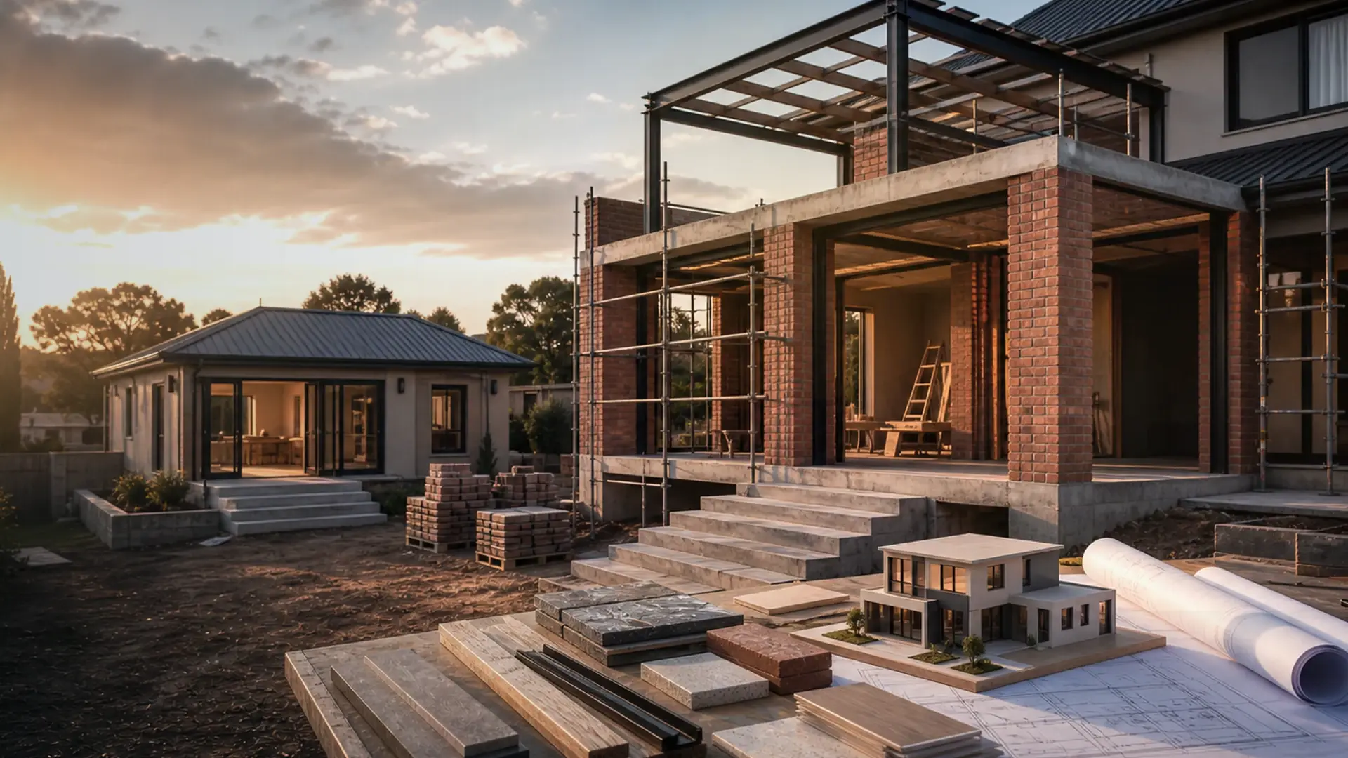 Granny Flat Builders in Benoni banner showing a residential build or extension site with plans, brickwork, roof lines and finish coordination