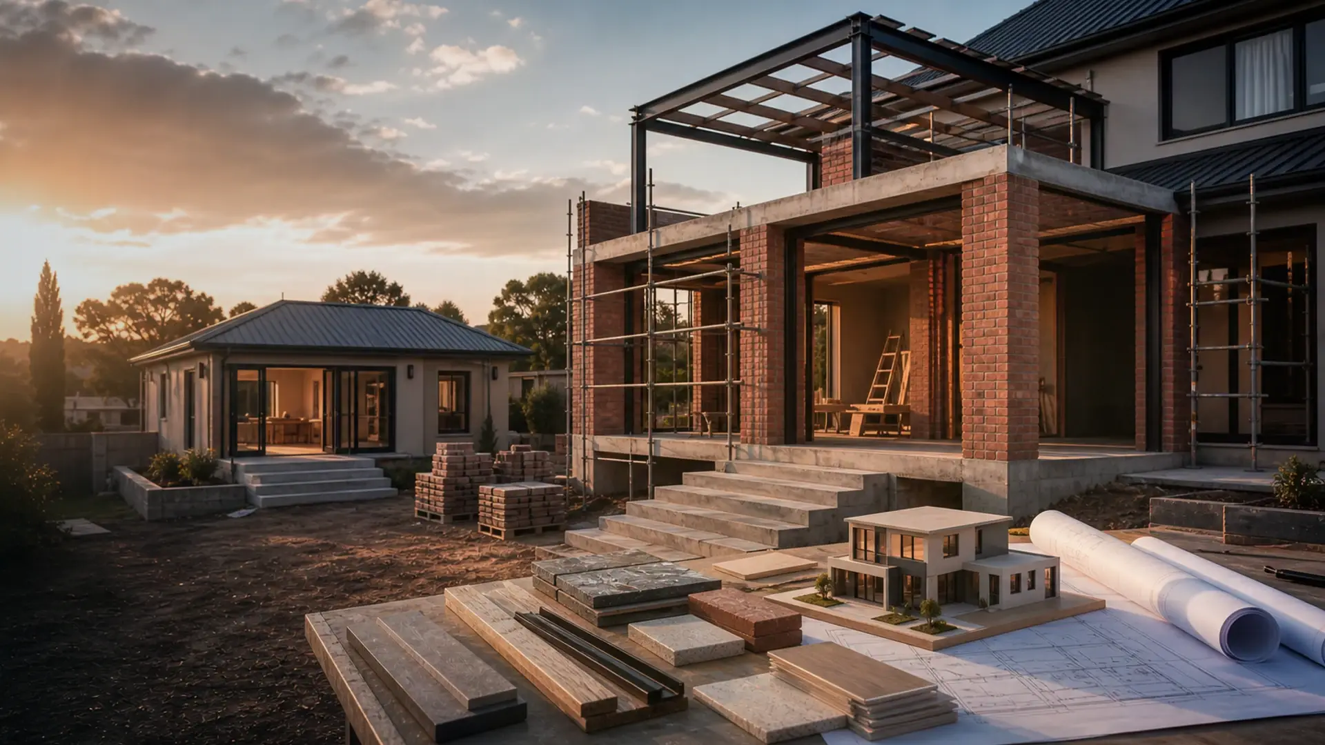 New Home Builders in Benoni banner showing a residential build or extension site with plans, brickwork, roof lines and finish coordination