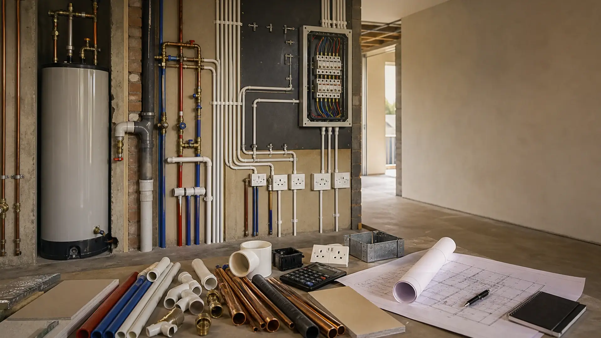 Plumbing Contractors in Benoni banner showing technical service rough-in details with conduit, pipework and compliance checks