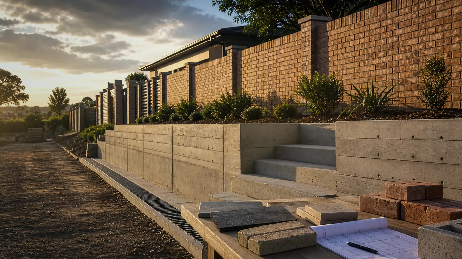 Precast Wall Installers in Benoni banner showing a boundary wall or retaining wall setout with masonry materials and measured alignment
