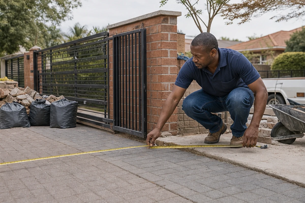 Contractor measuring driveway access beside a gate and stacked materials