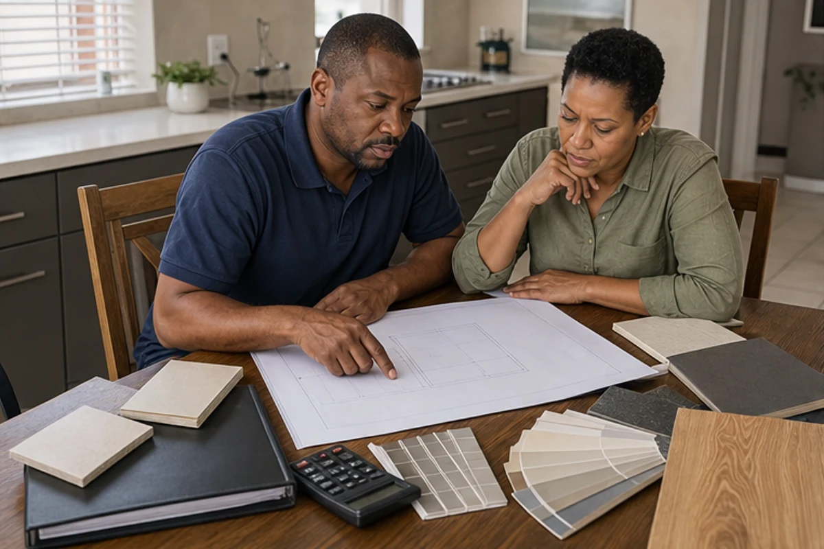 Homeowner and builder reviewing blank plans and material samples at a table