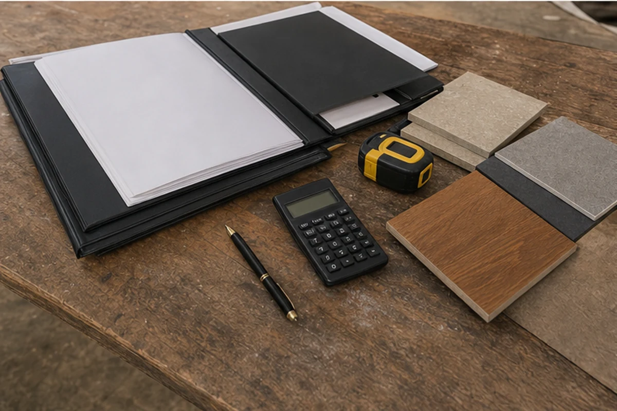 Three blank quote folders arranged with finish samples and a calculator