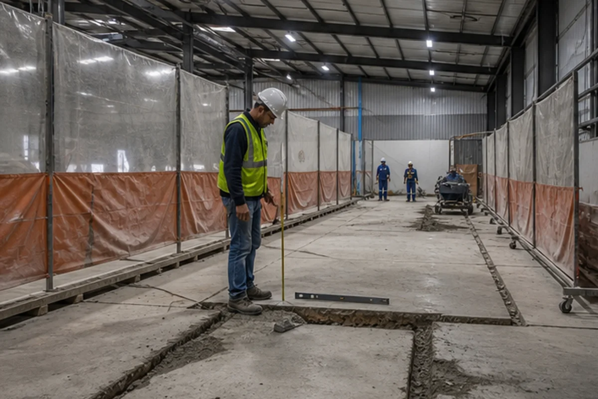 Factory floor slab repair zone separated with dust screens and barriers