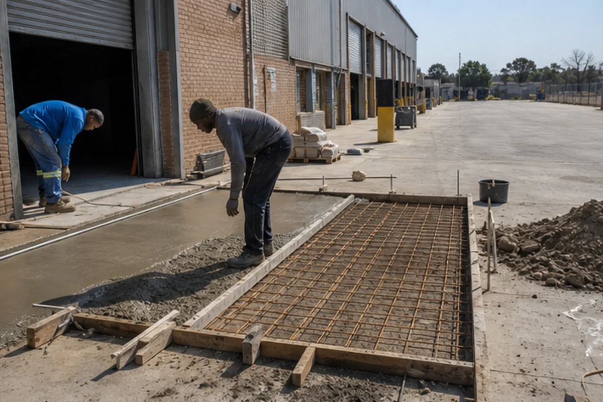 Loading yard apron concrete repair prepared near a warehouse roller door