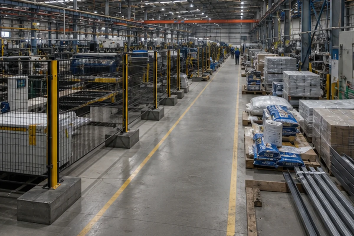 Temporary barriers separating phased works from an active production aisle