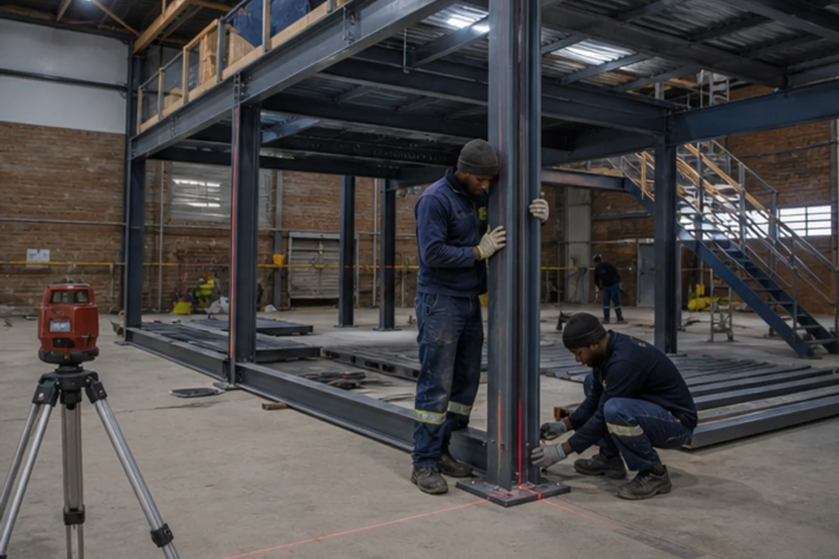Steel frame columns aligned inside a warehouse with a laser level