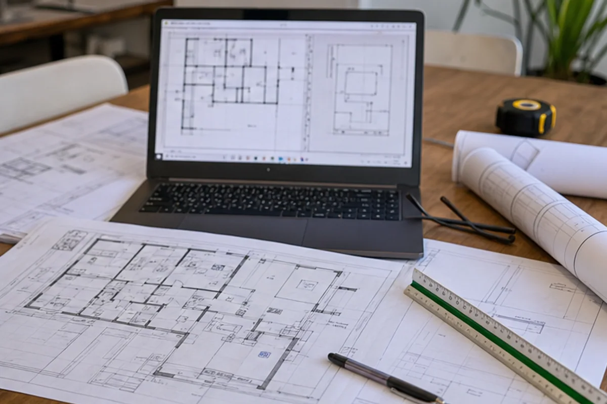 Council ready house plans spread across a desk beside a CAD laptop