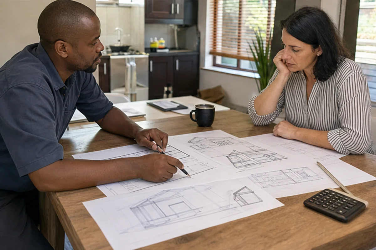 Homeowner and draughtsperson reviewing revision sketches at a kitchen table