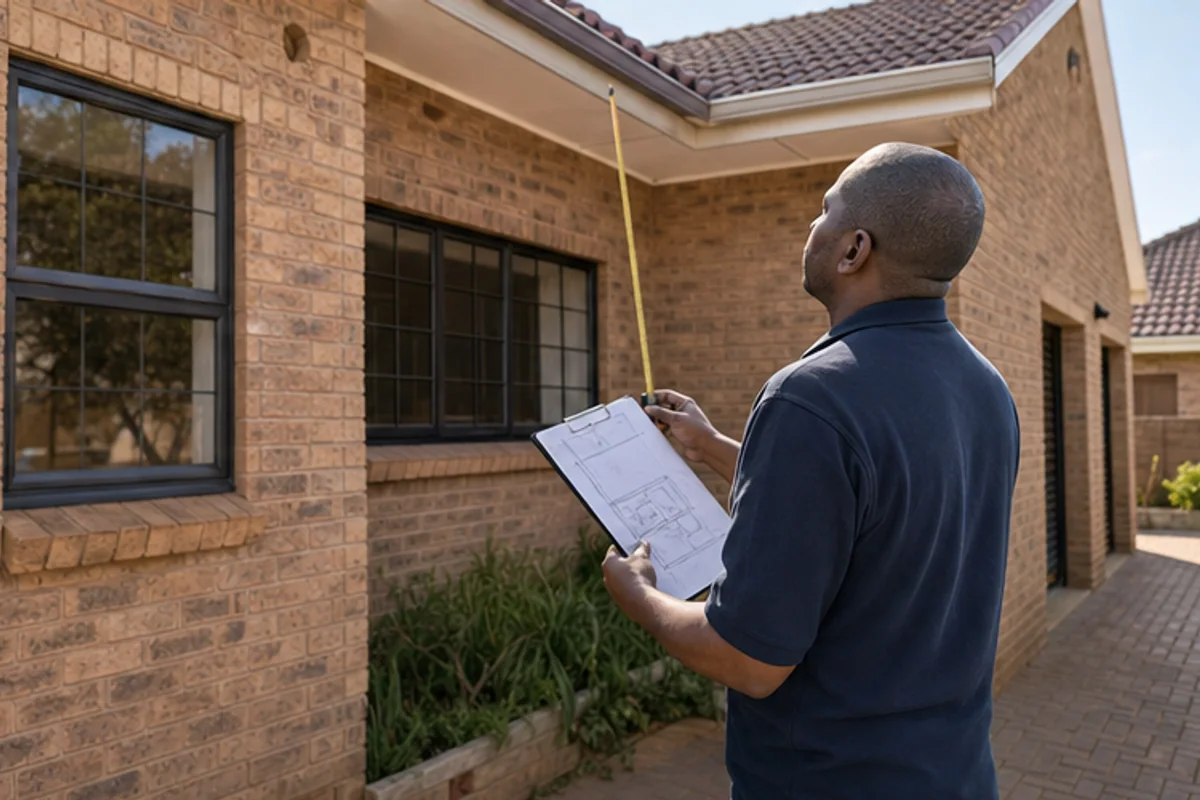 Draughtsperson checking roofline and window positions outside a brick home