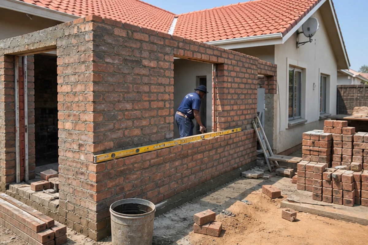 Brick extension wall tied into an existing suburban home with fresh mortar