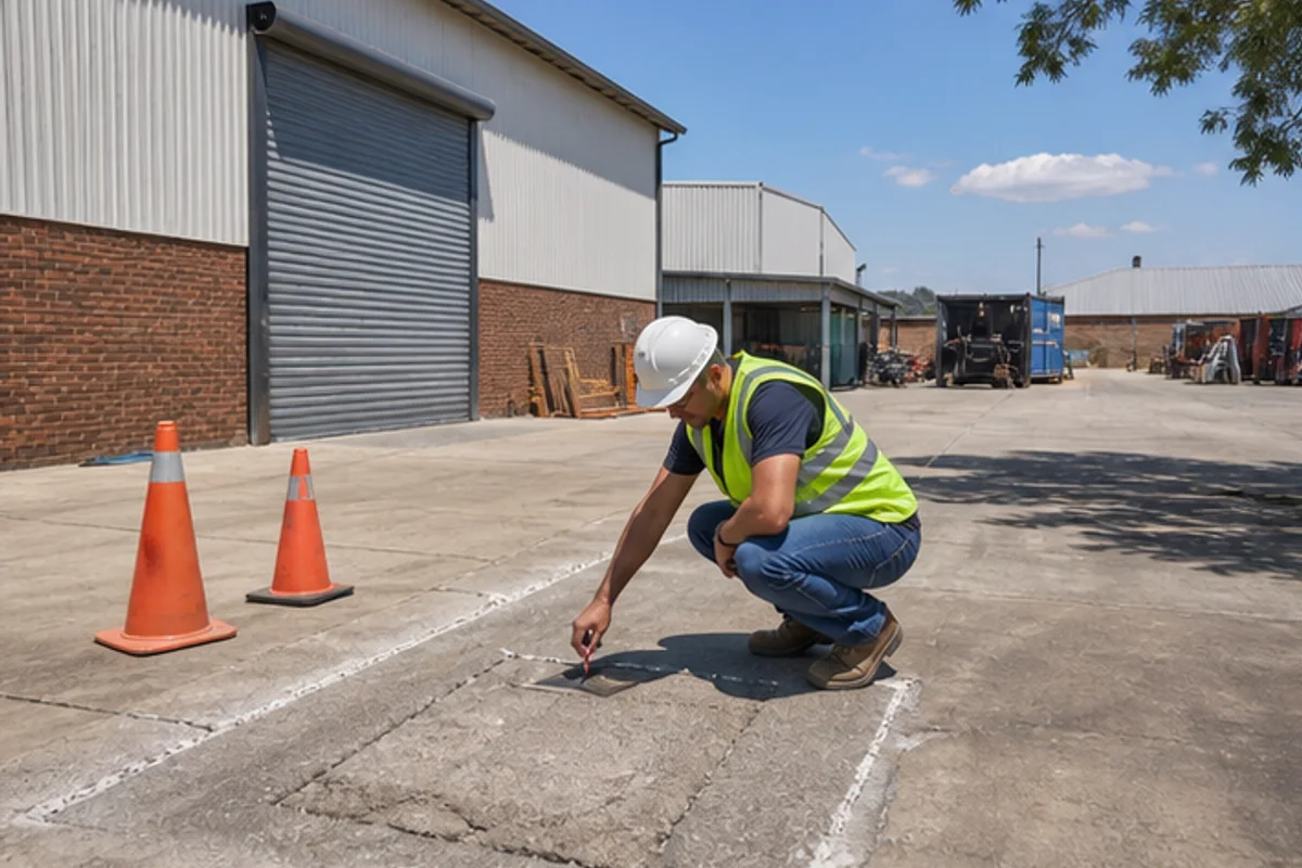Supervisor marking a concrete repair area in a light industrial yard