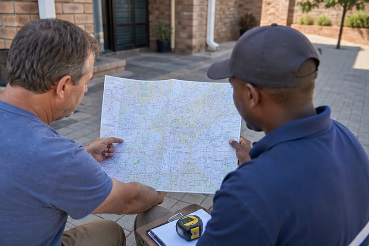 Contractor and homeowner reviewing a blank suburb route map beside a Benoni driveway