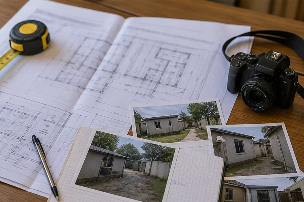 As built drawing set, measuring tape and site photos arranged on a desk